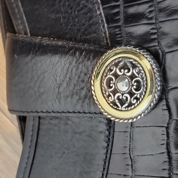 Vtg BRIGHTON Black Croc Embossed Leather Shoulder Tote Crossbody Bag - Picture 3 of 16